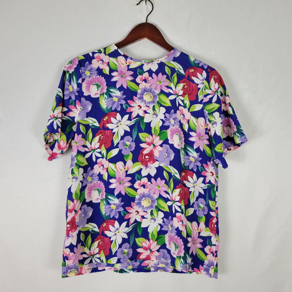 Kathie Lee Shirt Womens 6 Top Multicolor Floral Short Sleeve Round Keyhole Neck